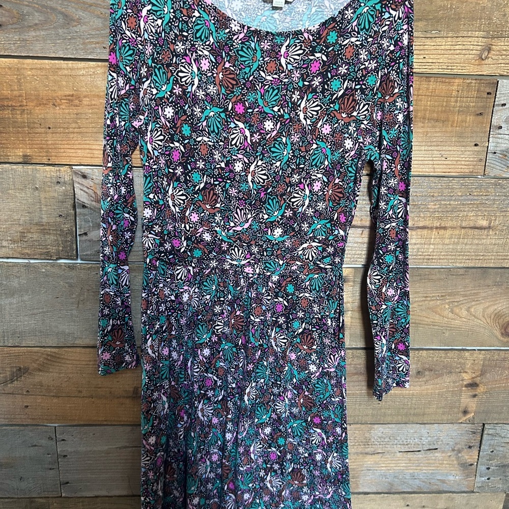 Boden Multicolor Floral Long Sleeve Dress | green pink orange |fit and flare - Picture 2 of 3
